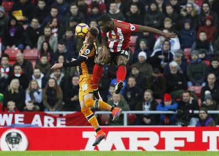 Britain Football Soccer - Sunderland v Hull City - Premier League - The Stadium of Light - 19/11/16 Sunderland's Victor Anichebe in action with Hull City's Josh Tymon Action Images via Reuters / Craig Brough Livepic