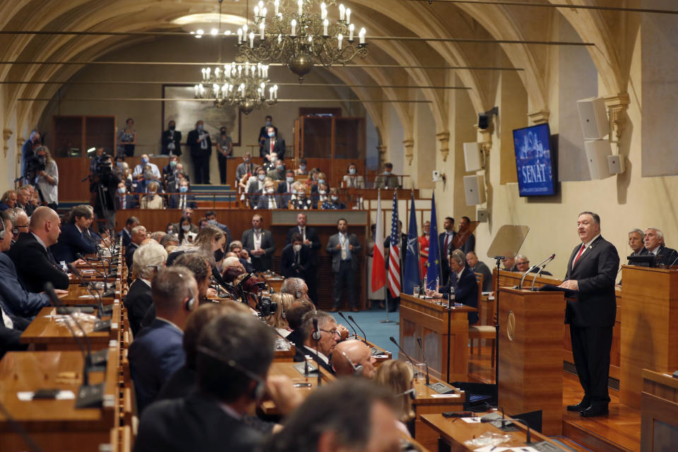 U.S. Secretary of State Mike Pompeo, right, speaks during a meeting of the senate in Prague, Czech Republic, Wednesday, Aug. 12, 2020. U.S. Secretary of State Mike Pompeo is in Czech Republic at the start of a four-nation tour of Europe. Slovenia, Austria and Poland are the other stations of the trip. (AP Photo/Petr David Josek, Pool)