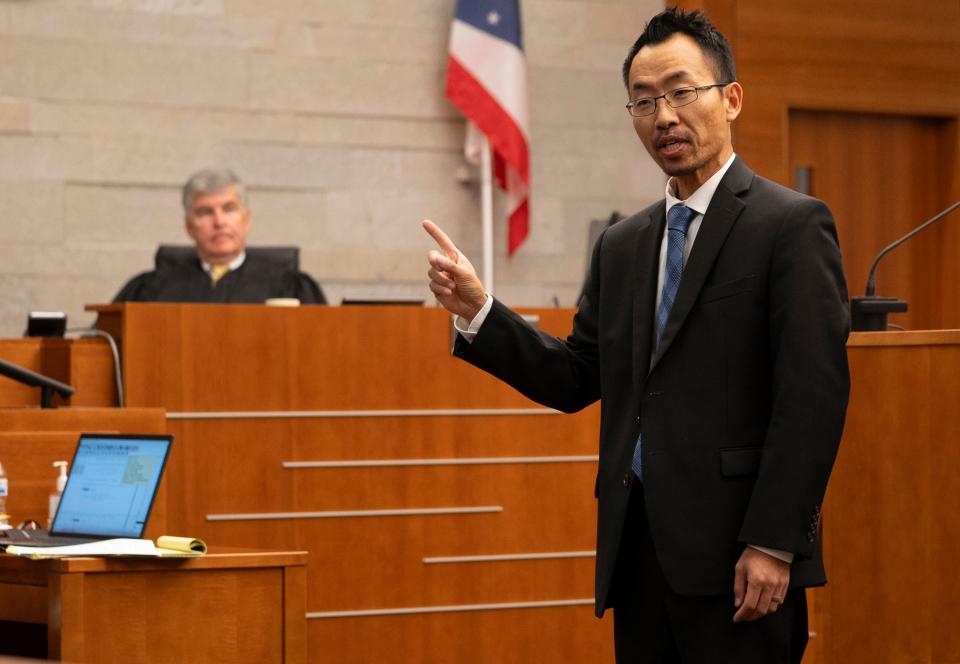 Assistant Franklin County Prosecutor Jack Wong gives his opening argument Tuesday in the trial of John W. Wooden on murder and kidnapping charges while retired Franklin County Common Pleas Court Judge Richard Frye, a visiting judge, listens. Wooden is accused of kidnapping and killing prominent local Imam Mohamed Hassan Adam in December 2021.