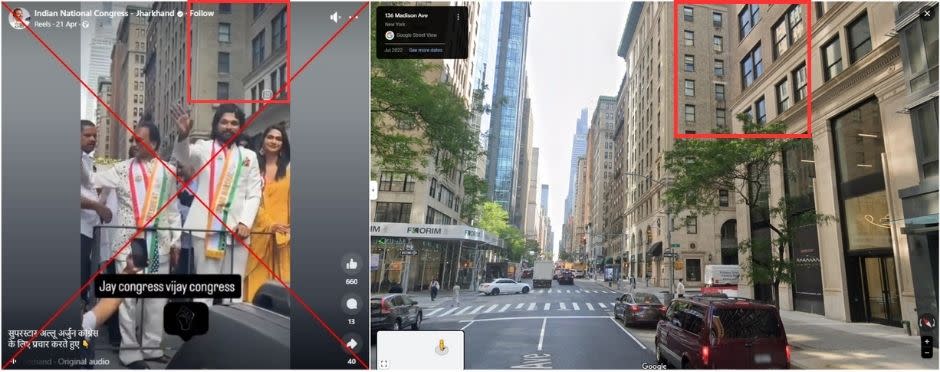 <span>Screenshot comparison of a keyframe from the video shared in false posts (left) and the Google Street View of Madison Avenue (right) with similarities highlighted by AFP</span>