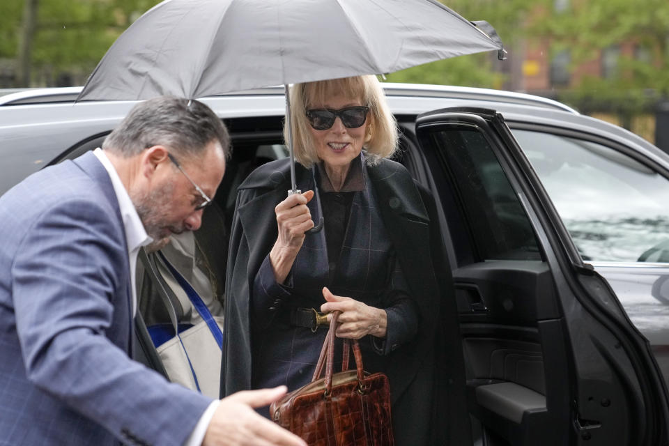 Former advice columnist E. Jean Carroll arrives at the Manhattan federal court for her lawsuit against former President Donald Trump, Thursday, May 4, 2023, in New York. (AP Photo/John Minchillo)