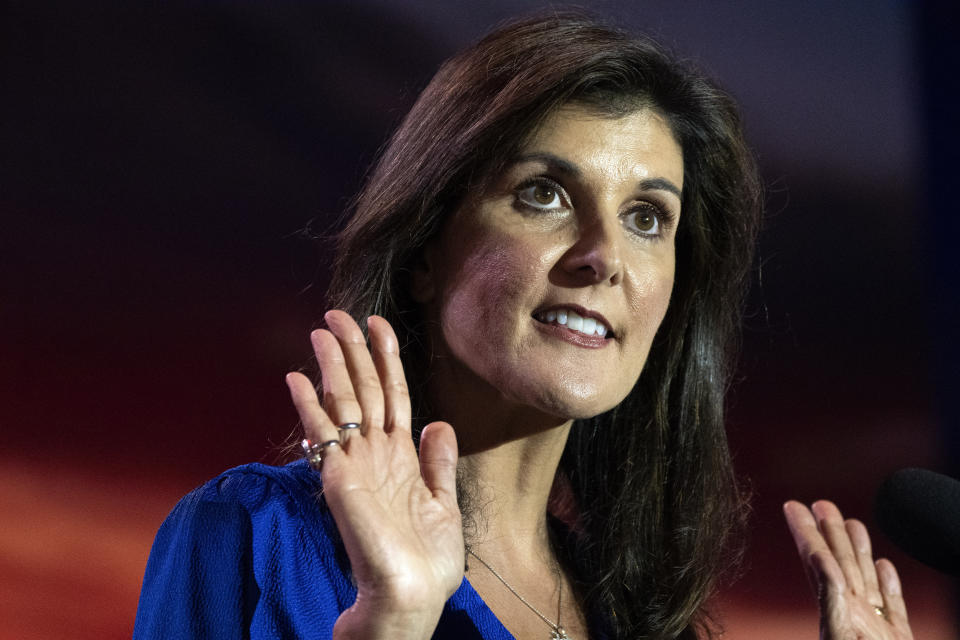 Republican presidential candidate former South Carolina Gov. Nikki Haley speaks at the Christians United For Israel (CUFI) "Night to Honor Israel" event, during the CUFI Summit 2023, Monday, July 17, 2023, in Arlington, Va., at the Crystal Gateway Marriott. (AP Photo/Jacquelyn Martin)