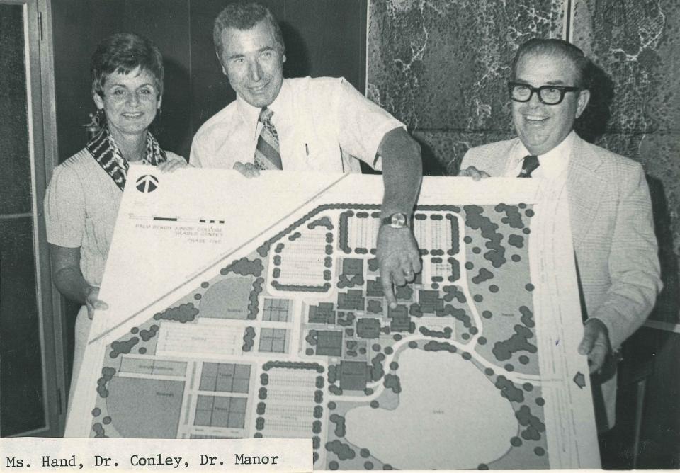 F. Hand, chairperson for the Board of Trustees at Palm Beach Junior College; Cecil Conley, vice president of the college's Belle Glade campus; and Harold Manor, president of the college, pose with a site plan for the incoming Belle Glade campus in the 1970s.