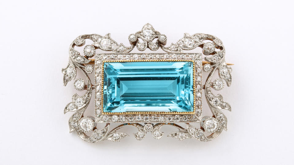 Platinum & 18kt Gold, Aquamarine & Diamond Brooch, JE Caldwell, Philadelphia Circa 1910 - Credit: James Robinson