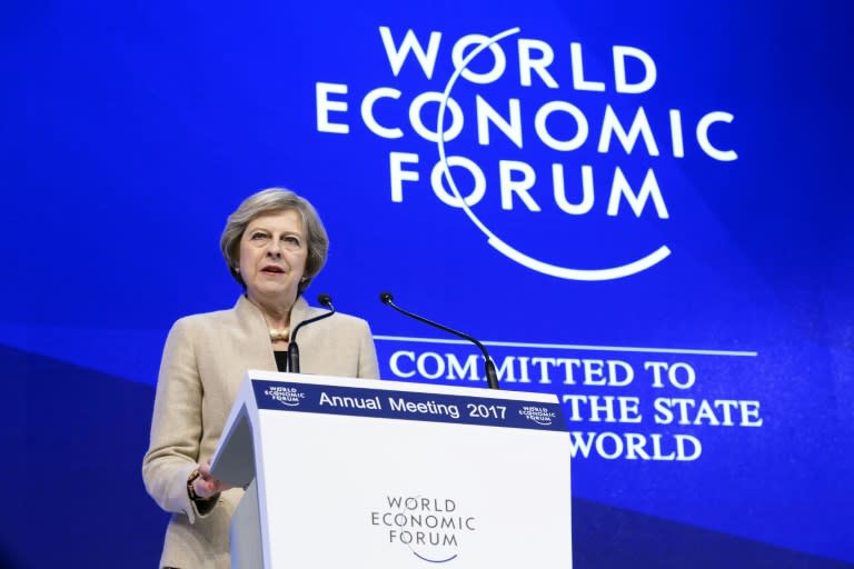 British Prime Minister Theresa May addresses the World Economic Forum in Davos, Switzerland, on January 19, 2017