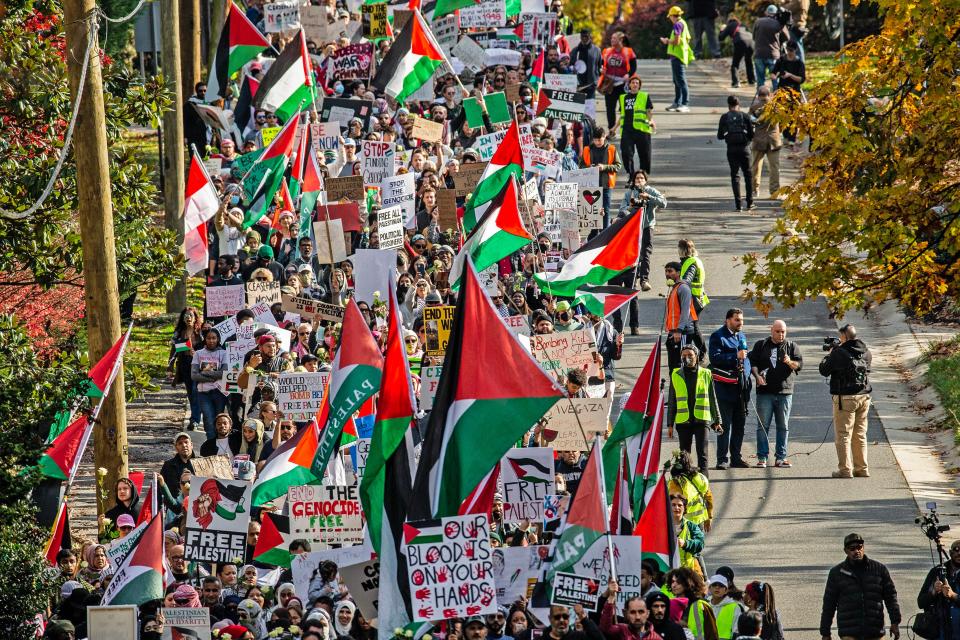 Close to 2,000 attendees at a Rally in Support of Palestine march along Barley Mill Rd. to President Biden's home in Greenville, Saturday, Nov. 11, 2023.