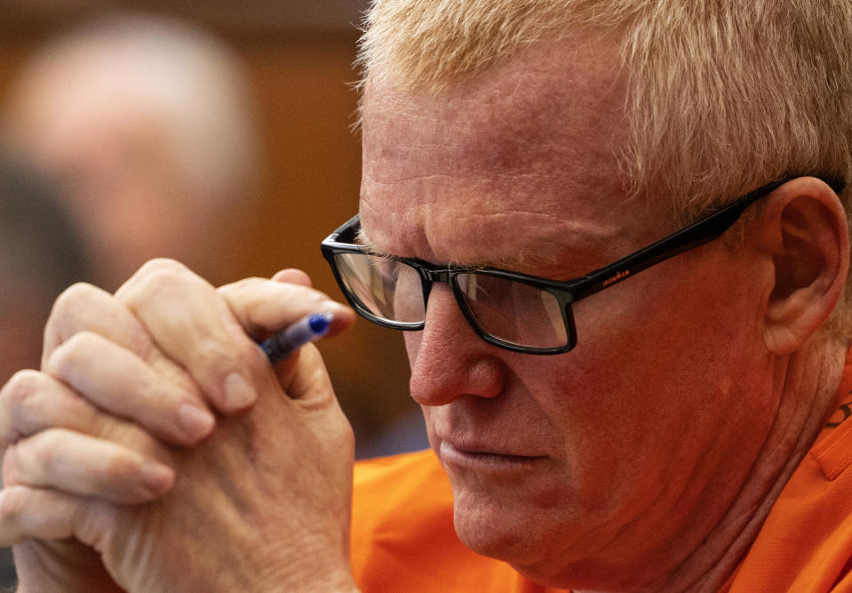 Alex Murdaugh, convicted of killing his wife, Maggie, and younger son, Paul, in June 2021, listens during a hearing on the motion for a retrial, Tuesday, Jan. 16, 2024, at the Richland County Judicial Center, in Columbia, S.C. (Gavin McIntyre/The Post and Courier via AP, Pool)