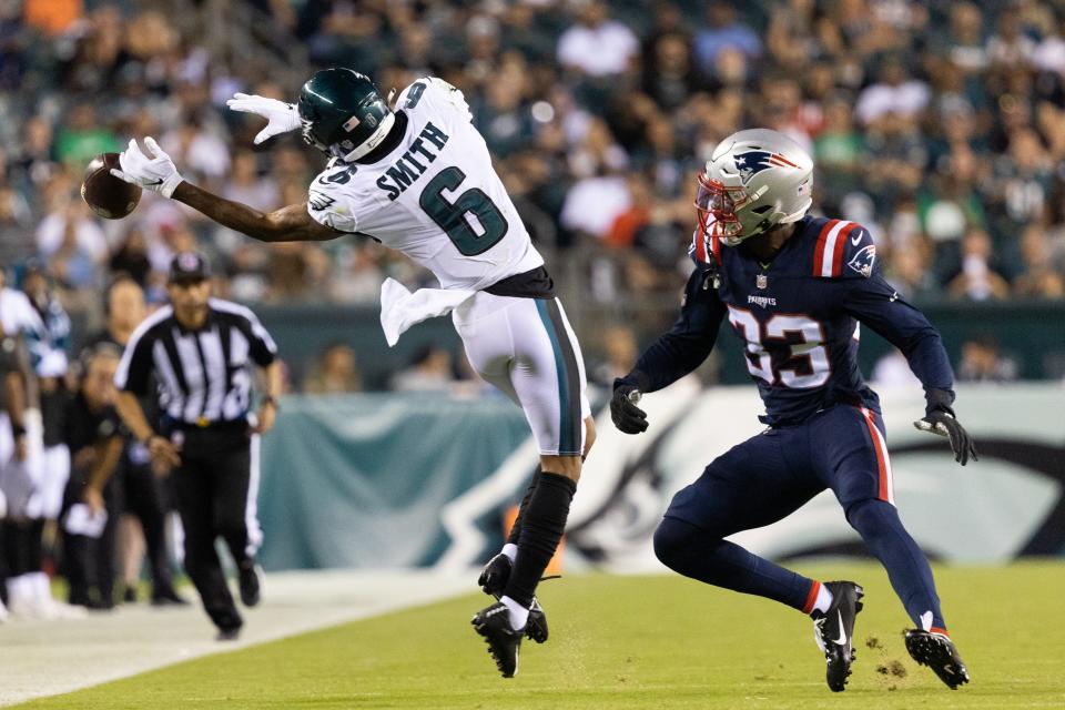 Philadelphia Eagles wide receiver DeVonta Smith is unable to catch a pass in front of New England Patriots safety Kyle Dugger during the second quarter at Lincoln Financial Field.