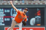 Baltimore Orioles starting pitcher Jordan Lyles throws to the Minnesota Twins in the first inning of a baseball game Saturday, July 2, 2022, in Minneapolis. (AP Photo/Bruce Kluckhohn)