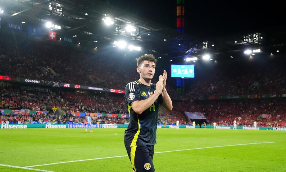 <span>Billy Gilmour leaves the pitch having had a key role against Switzerland.</span><span>Photograph: Andrew Milligan/PA</span>