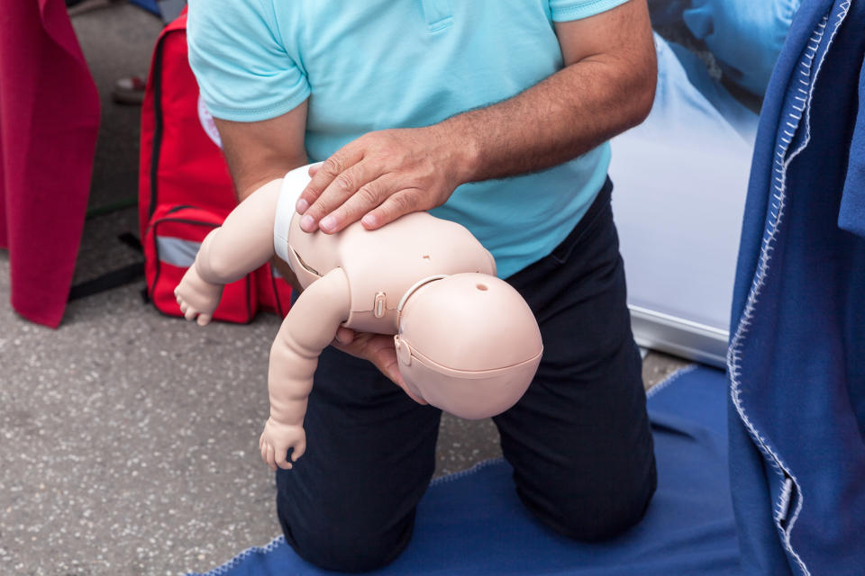 If a baby is choking, the British Red Cross recommends giving up to five back blows 