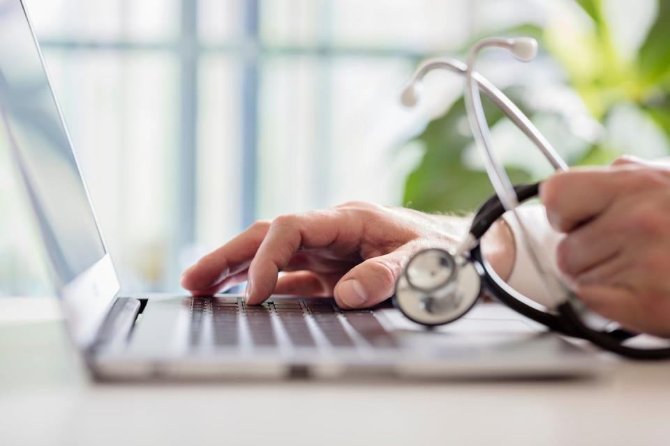 GPs tend to act on feedback about their antibiotic prescribing. <a href="https://www.shutterstock.com/image-photo/doctor-entering-patient-notes-on-laptop-1033147024" rel="nofollow noopener" target="_blank" data-ylk="slk:Shutterstock;elm:context_link;itc:0;sec:content-canvas" class="link ">Shutterstock</a>