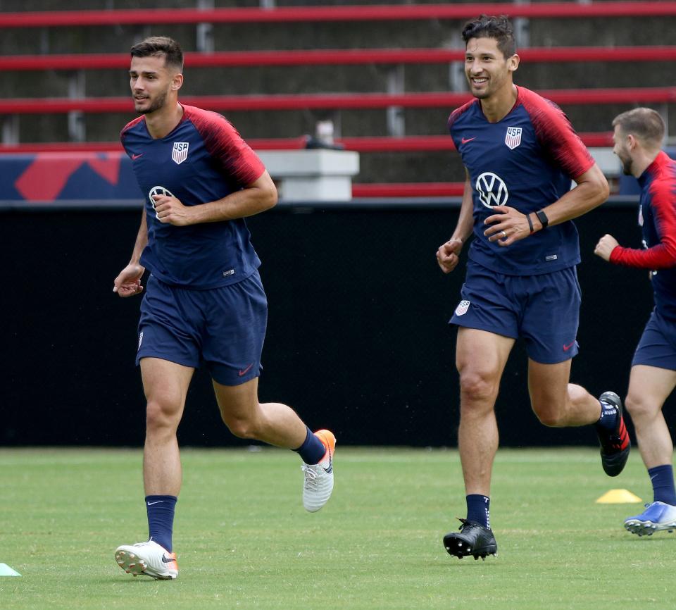 Defenders Matt Miazga, left, captain, and Omar Gonzalez during a training session with the U.S. Men’s National Team at Nippert Stadium Friday, June 7,  2019. The U.S. Men's National Team gets will face Venezuela on Sunday, June 9 at 2 p.m at Nippert.