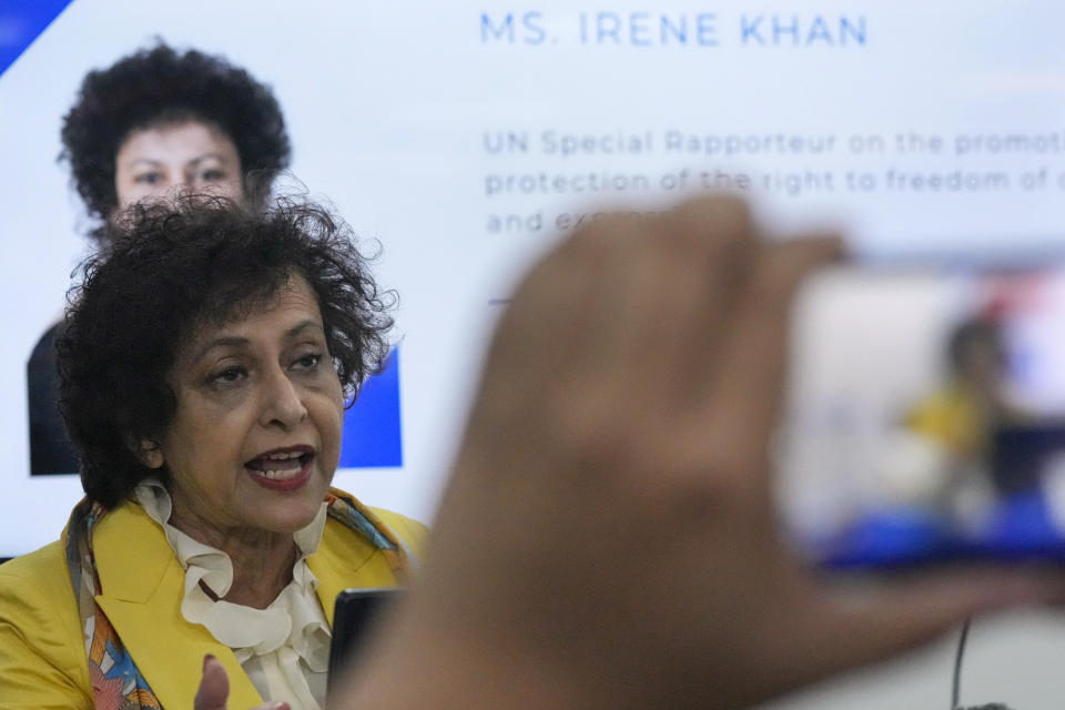 United Nations Special Rapporteur on Freedom of Opinion and Expression Irene Khan talks during a press conference in Mandaluyong, Philippines on Friday Feb. 2, 2024. A United Nations expert said Friday that steps have been taken under Philippine President Ferdinand Marcos Jr. to deal with human rights atrocities, like the killings of journalists and rights defenders, but added that much more need to be done like ensuring accountability. (AP Photo/Aaron Favila)