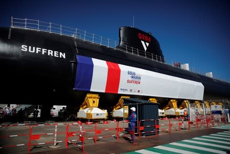 The French Navy vessel called "Suffren", first of the nuclear Barracuda class attack submarines, leaves the workshops of its construction at the Naval Group site in Cherbourg