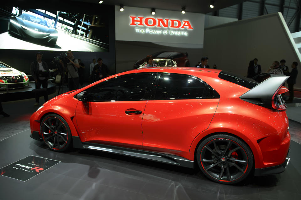 The new Honda Concept car Civic Type R is on display at the 84. Geneva International Motor Show in Geneva, Switzerland, Tuesday, March 4, 2014. (AP Photo/Keystone,Martial Trezzini)