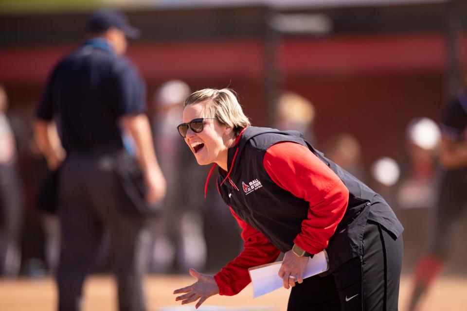 Ball State softball head coach Lacy Schurr during the team's game against Miami (Ohio) at First Merchants Ballpark on Wednesday, April 26, 2023.