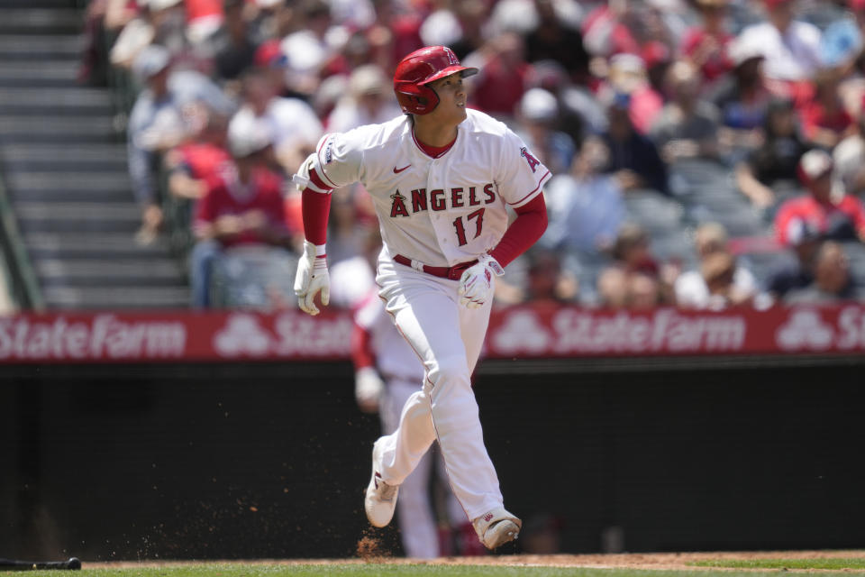 Los Angeles Angels designated hitter Shohei Ohtani (17) runs while flying out during the fourth inning of a baseball game against the Houston Astros in Anaheim, Calif., Wednesday, May 10, 2023. (AP Photo/Ashley Landis)