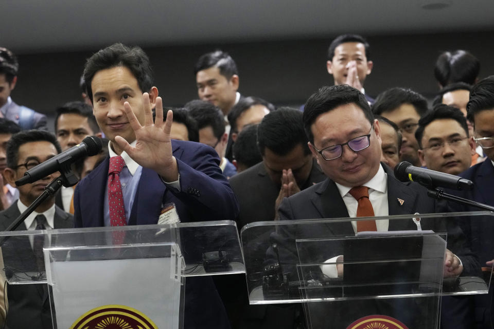 Former leader of Move Forward party Pita Limjaroenrat, left, and the party's current leader Chaithawat Tulathon leave after a news conference at parliament in Bangkok, Thailand, Wednesday, Jan. 31, 2024. Thailand’s Constitutional Court ruled Wednesday that the progressive Move Forward party must cease advocating amending the law on royal defamation — a decision that leaves the party vulnerable to further complaints and even dissolution. (AP Photo/Sakchai Lalit)