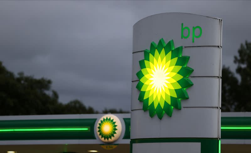 FILE PHOTO: An illuminated BP logo is seen at a petrol station in Chester-le-Street,Durham, Britain September 23, 2021