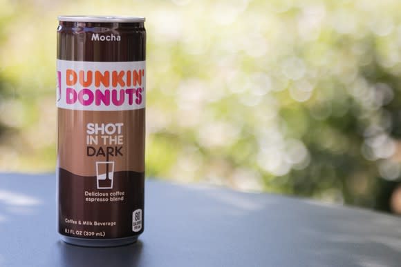 Product shot of tall, slim, mocha-flavored "Shot in the Dark" can.