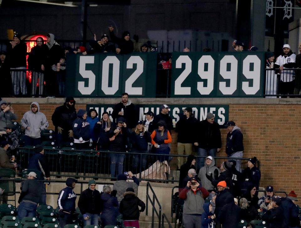 The counting board for Tigers DH Miguel Cabrera chances to 2,999  during the sixth inning of the Tigers' 5-3 loss to the Yankees on Wednesday, April 20, 2022 at Comerica Park.