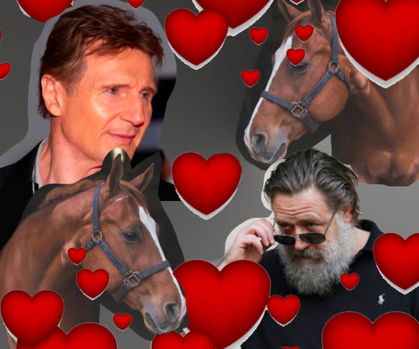 Liam Neeson and Russell Crowe both confessed to horsin' around with their co-stars, horse and horse.&nbsp; (Photo: Illustration by Priscilla Frank/HuffPost; Photos by Getty)