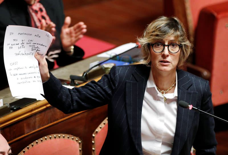 Giulia Bongiorno of League Party gestures as she speaks at the Senate ahead of a vote on whether to pursue an investigation against leader of Italy's far-right party Matteo Salvini that could give rise to a trial for alleged kidnapping of migrants, in Rome