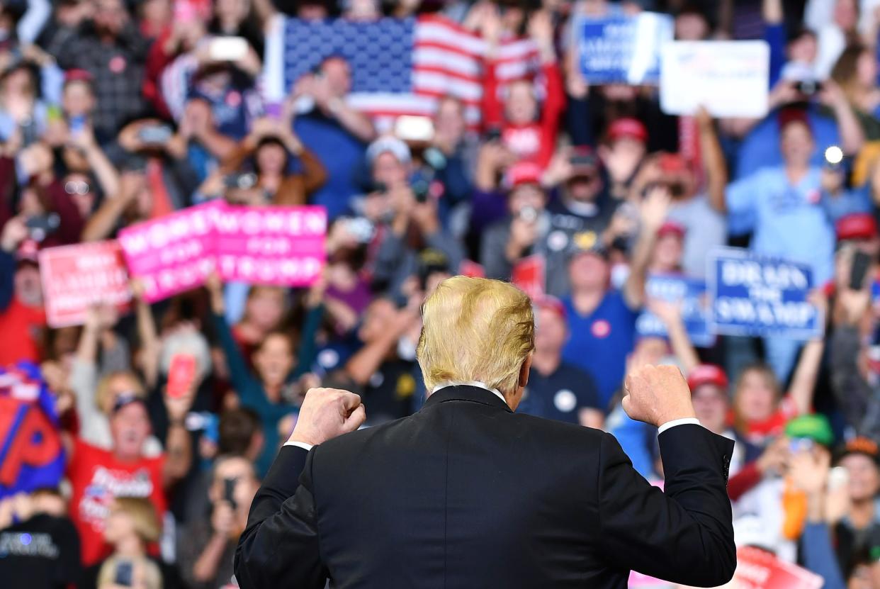 The crowd jeered at Sen. Dianne Feinstein (D-Calif.) as Trump accused her of leaking Christine Blasey Ford's letter accusing Brett Kavanaugh of sexual assault. Trump didn't provide any evidence for his claim. (Photo: MANDEL NGAN via Getty Images)