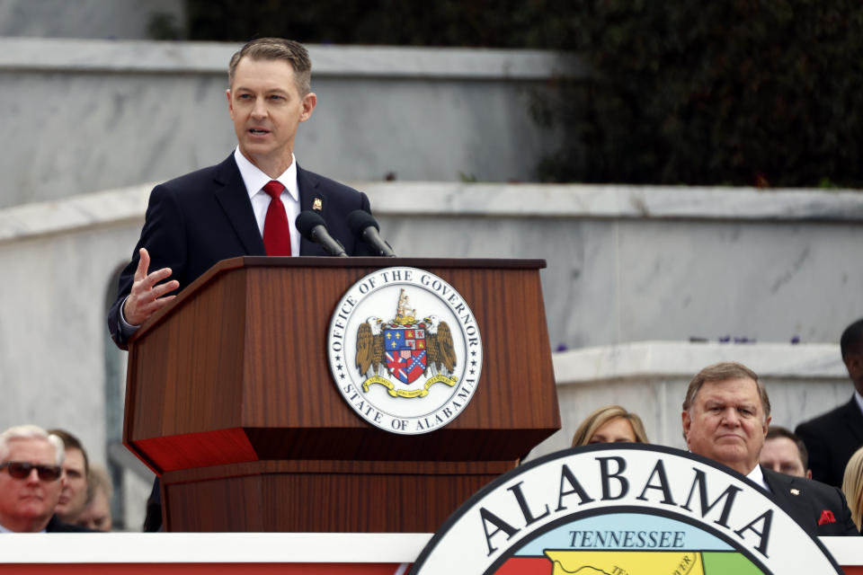 FILE - Alabama Secretary of State, Wes Allen speaks during the inauguration ceremony on the steps of the Alabama State Capital Monday, Jan. 16, 2023 in Montgomery, Ala.. President Joe Biden's re-election campaign is wrangling with the Republican-dominated states of Ohio and Alabama to assure he's listed on their November ballots, amid hints that a routine procedural negotiation is becoming politically charged. (AP Photo/Butch Dill, File)