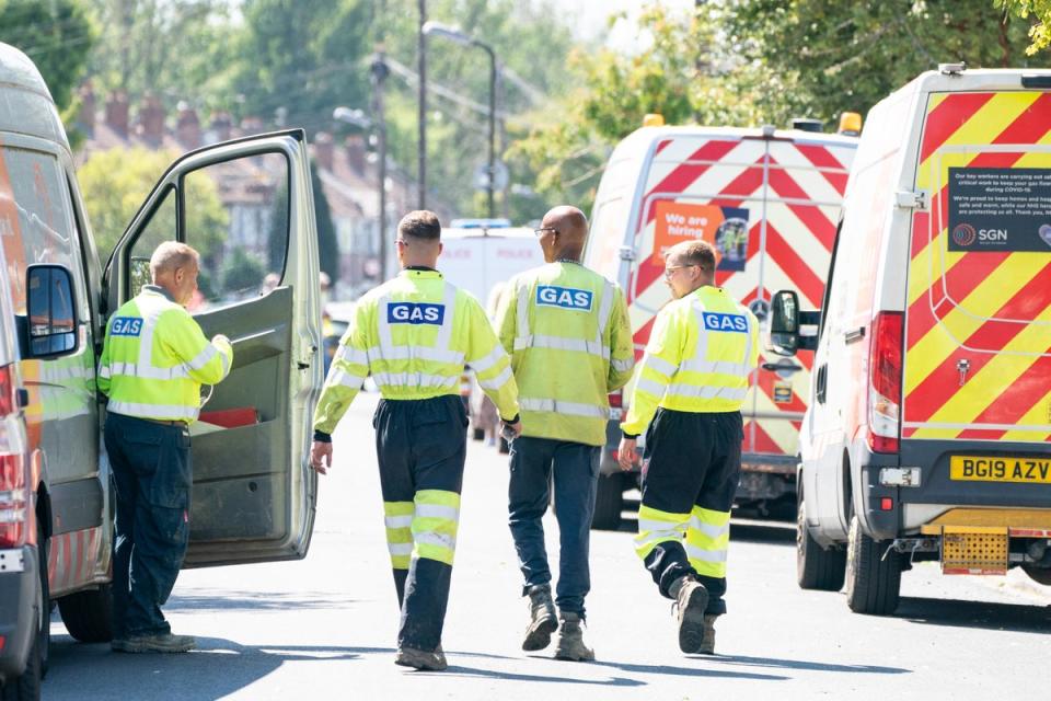 Gas engineers at the scene of the explosion (Dominic Lipinski/PA) (PA Wire)