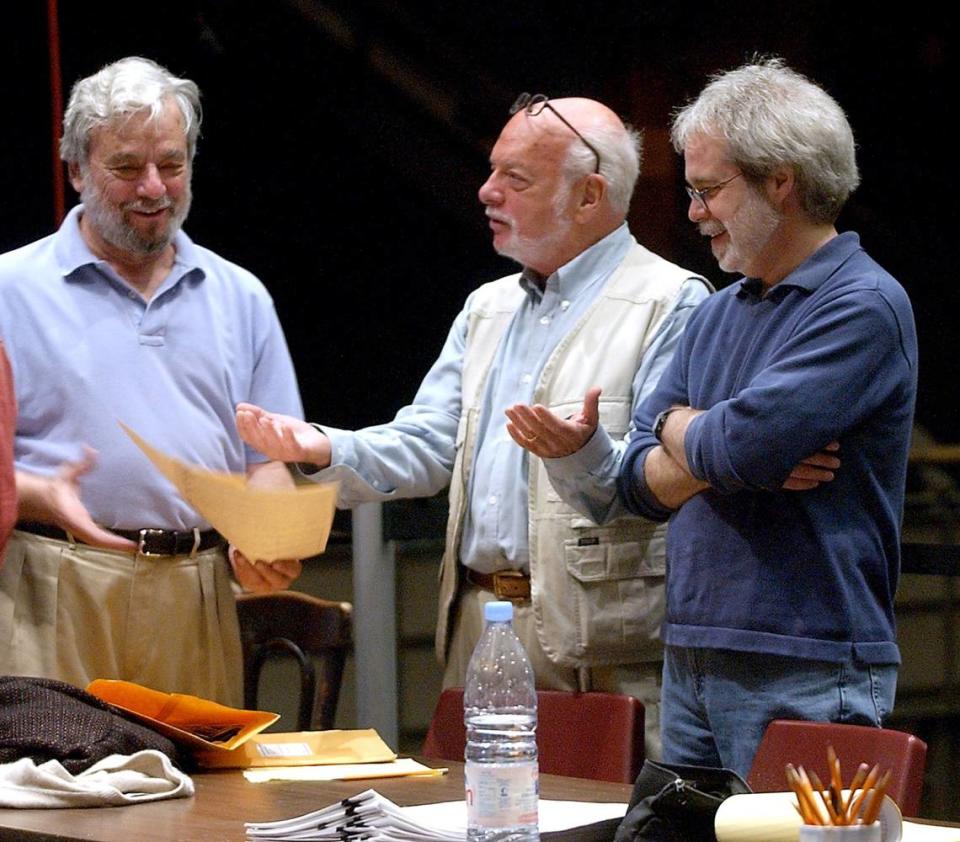 From left, Stephen Sondheim, Hal Prince and John Weidman gather for a production of “Bounce,” in Chicago in 2003. It was one of Sondheim’s flops, but also a show that Gavin Creel performed in.