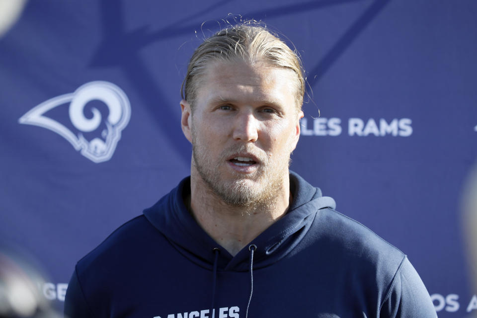 IRVINE, CALIFORNIA - JULY 29: Clay Matthews #52 of the Los Angeles Rams speaks to the media during a press conference after training camp on July 29, 2019 in Irvine, California. (Photo by Josh Lefkowitz/Getty Images)