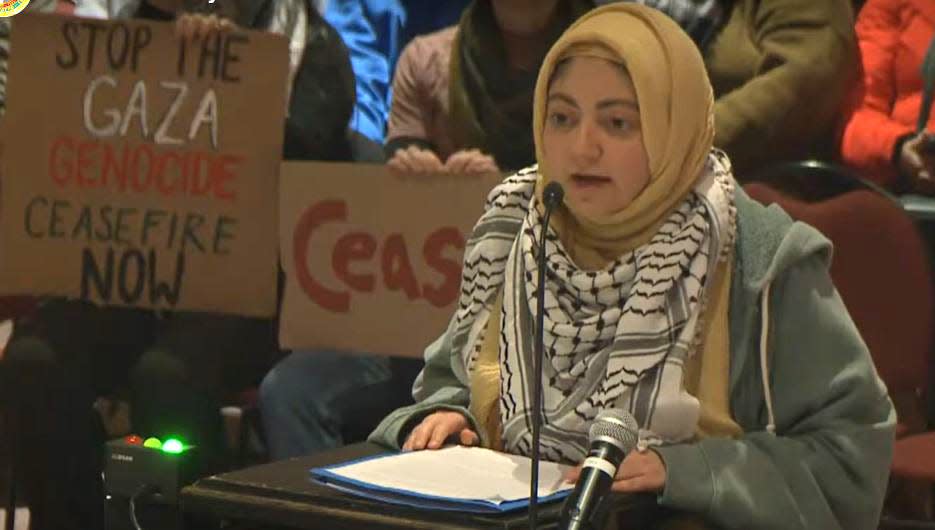 Yussra Ebrahim, an organizer for a resolution calling for a ceasefire in Gaza, addresses the Portsmouth City Council Tuesday, Feb. 20, 2024.