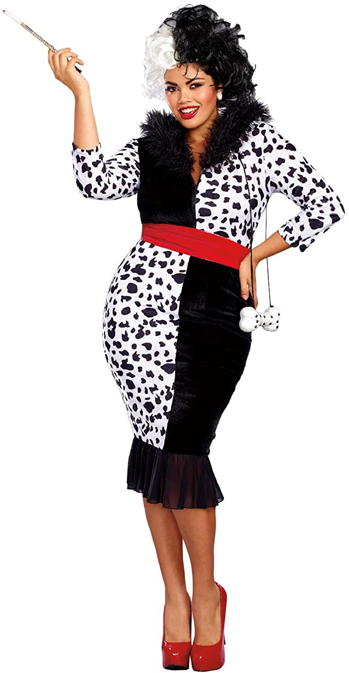 Model wears Dalmatian Diva patterned dress costume