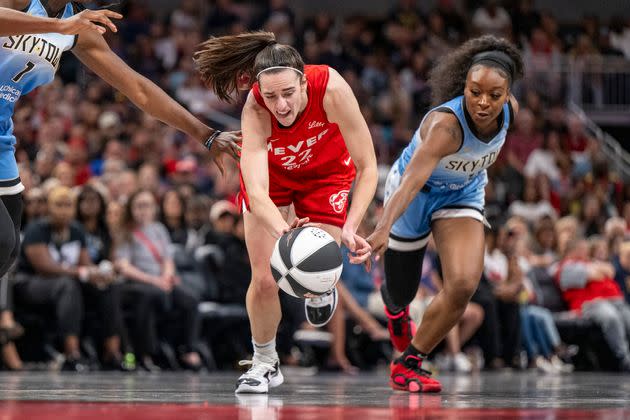 Indiana Fever's Caitlin Clark photographed during a play against Chicago Sky guard Dana Evans during a WNBA game on Saturday, June 1, 2024, in Indianapolis.