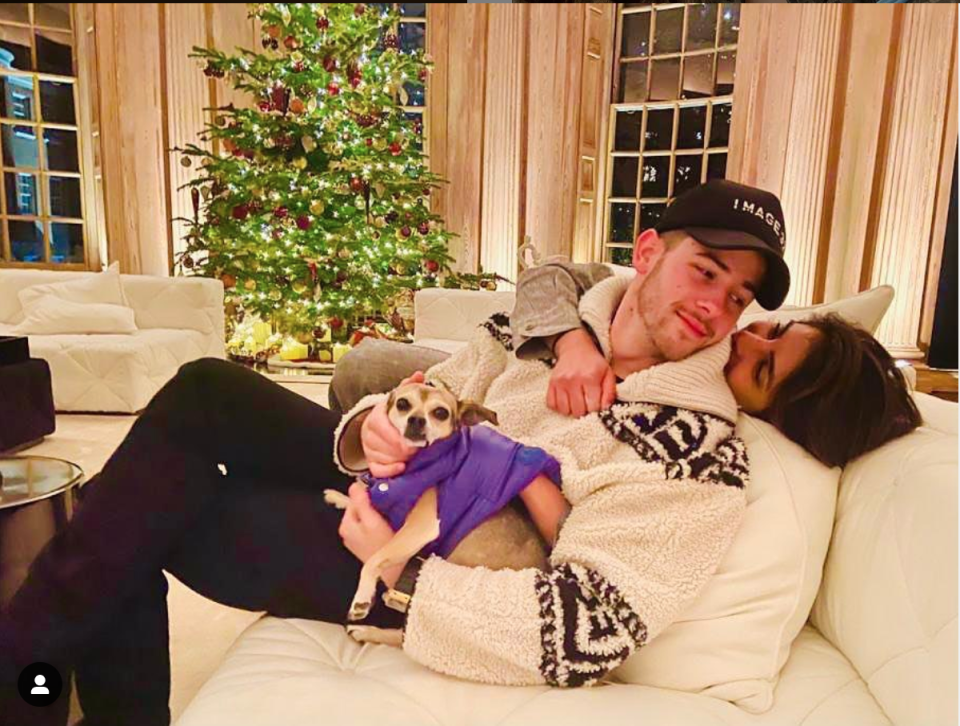 Nick Jonas and Priyanka Chopra relax in front of their Christmas tree. Photo: Instagram/@priyankachopra