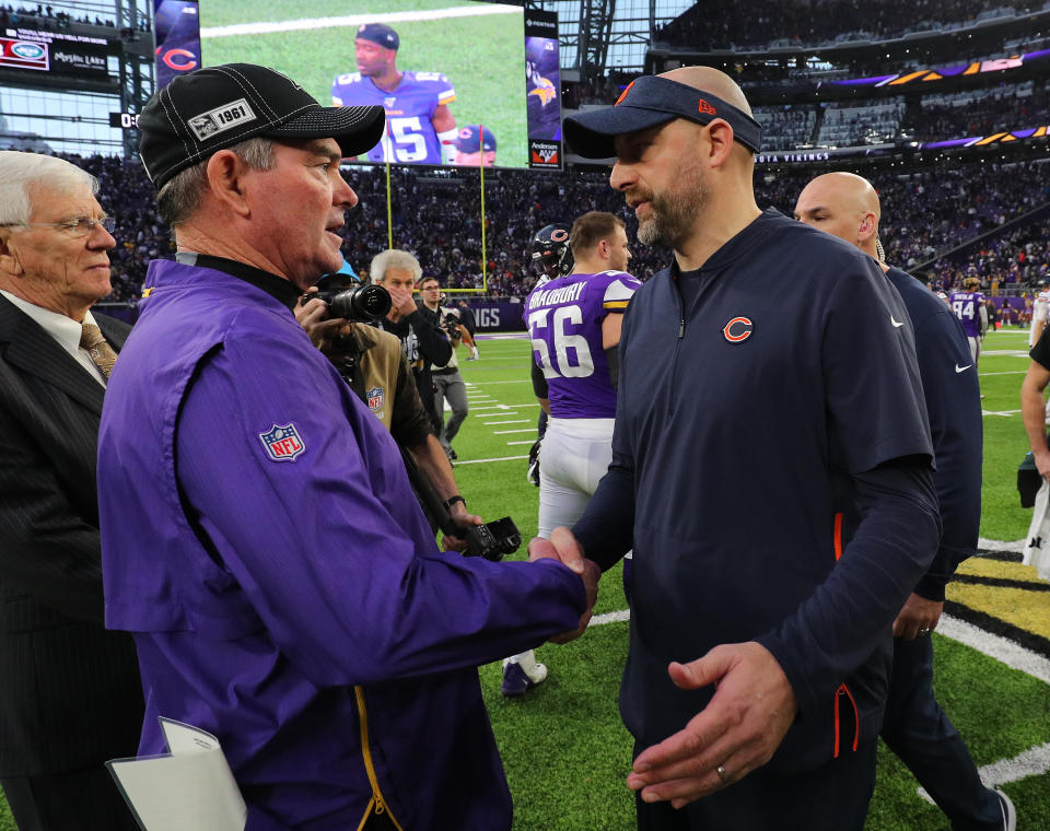 Bears head coach Matt Nagy (right) and Vikings head coach Mike Zimmer are under the microscope as the NFL season winds down.(Photo by Adam Bettcher/Getty Images)