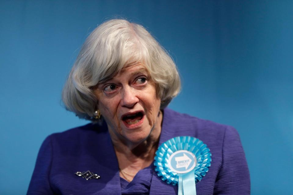 Ann Widdecombe, Brexit Party member and former member of parliament for the Conservative Party, is interviewed after Nigel Farage, Leader of Britain's Brexit Party, spoke on stage at the launch of their policies for the General Election campaign, in London, Friday, Nov. 22, 2019. Britain goes to the polls on Dec. 12. (AP Photo/Kirsty Wigglesworth)