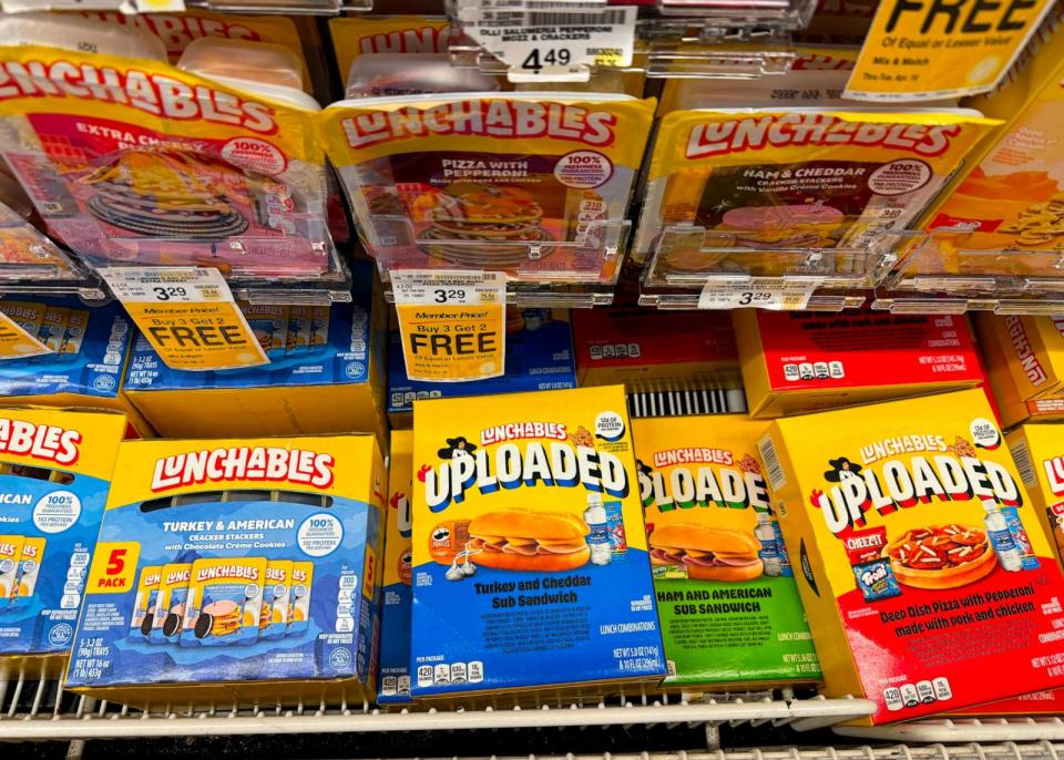 PHOTO: Packages of Lunchables are displayed on a shelf at a Safeway store April 10, 2024 in San Anselmo, Calif. (Justin Sullivan/Getty Images)