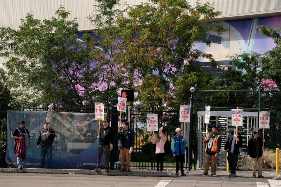 PHOTO: Boeing factory workers and supporters gather on a picket line during the third day of a strike near the entrance to a Boeing production facility in Renton, Wash., Sept. 15, 2024.   (David Ryder/Reuters)