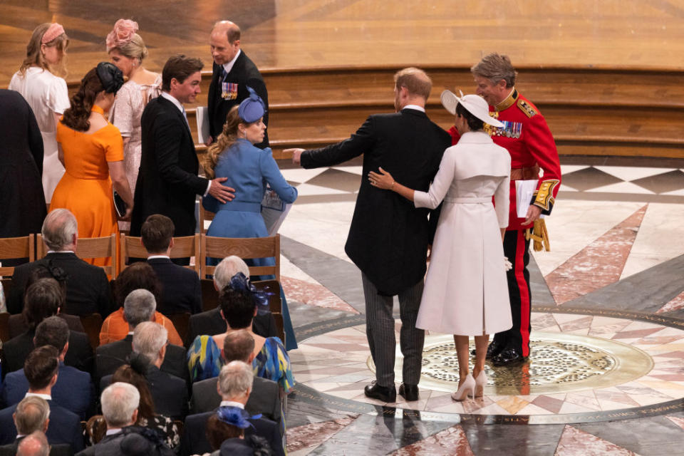 Meghan Markle was seen placing a hand on Prince Harry's back during the National Service of Thanksgiving at St Paul's Cathedral last week. (Photo by Dan Kitwood - WPA Pool/Getty Images)