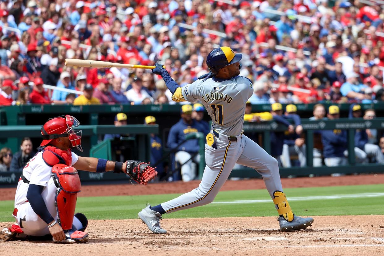Jackson Chourio of the Milwaukee Brewers hits a solo home run during the third inning against the St. Louis Cardinals at Busch Stadium on Saturday.