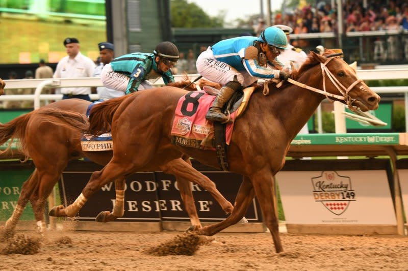 Mage, shown winning the Kentucky Derby, looks to regain command of the 3-year-old division against top rivals in Saturday's Grade I Travers Stakes at Saratoga. Photo by and courtesy of Katsumi Saito