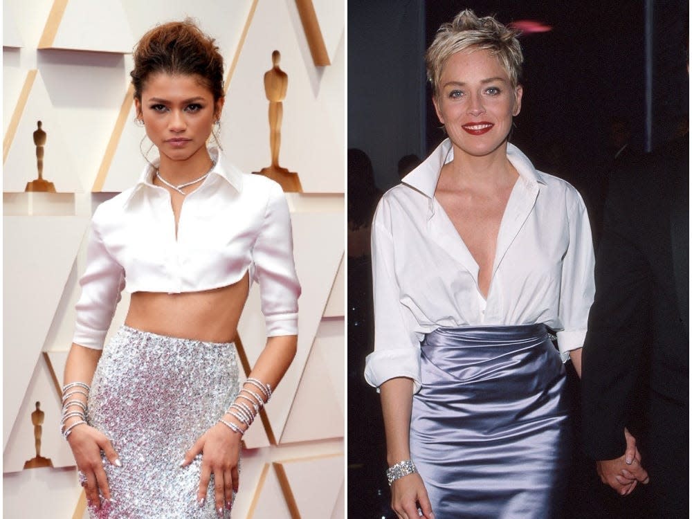 Zendaya at the 2022 Oscars (left) and Sharon Stone at the 1998 Oscars.