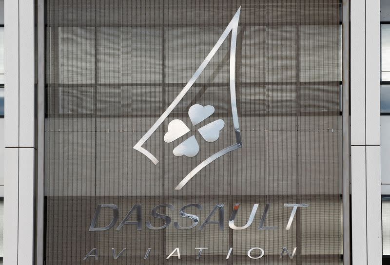 The logo of French airplanes maker Dassault Aviation is seen on the Dassault Aviation factory in Merignac near Bordeaux