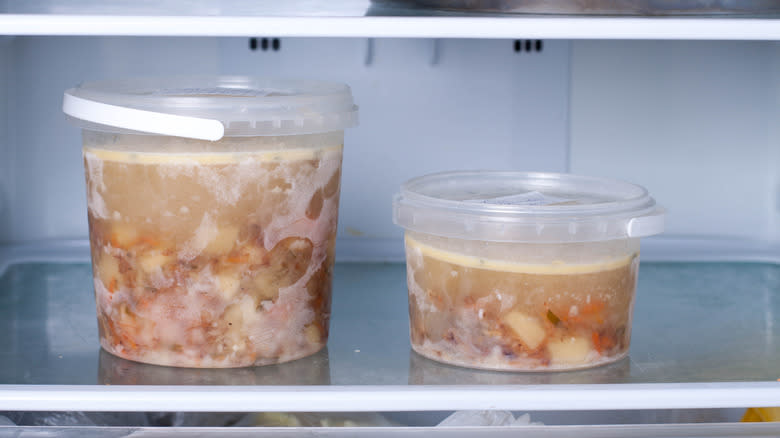soup-filled containers in fridge