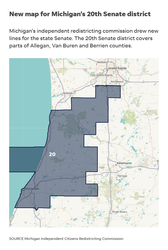 A map shows the 20th Michigan Senate District as drawn by the Michigan Independent Citizens Redistricting Commission.