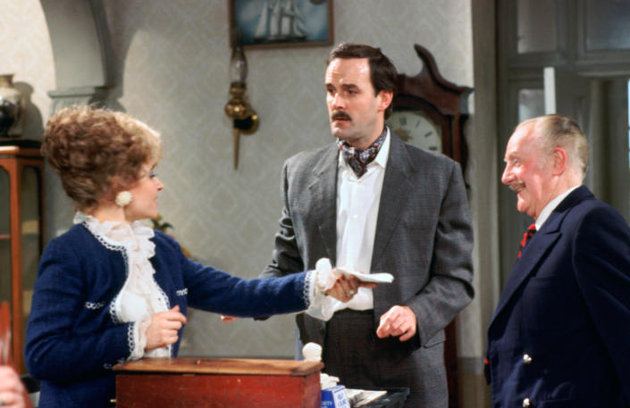 FAWLTY TOWERS, (from left): Prunella Scales, John Cleese, Ballard Berkeley, &#39;Communication Problems (aka Theft), (Season 2, ep.