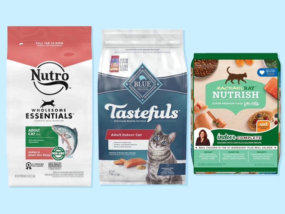 Three bags of adult budget-friendly dry cat food, including Blue Buffalo Tastefuls Adult Indoor Health, Nutro Wholesome Essentials Adult Salmon and Brown Rice Recipe, and Rachael Ray Nutrish Indoor Complete Chicken with Lentils and Salmon Recipe.